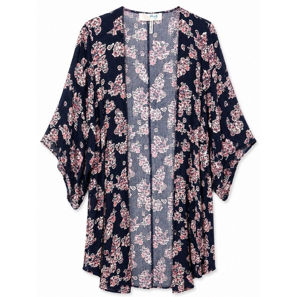 Lela Sky Kimono Cardigan Women's Medium Black Floral 100% Rayon Boho Duster NWOT